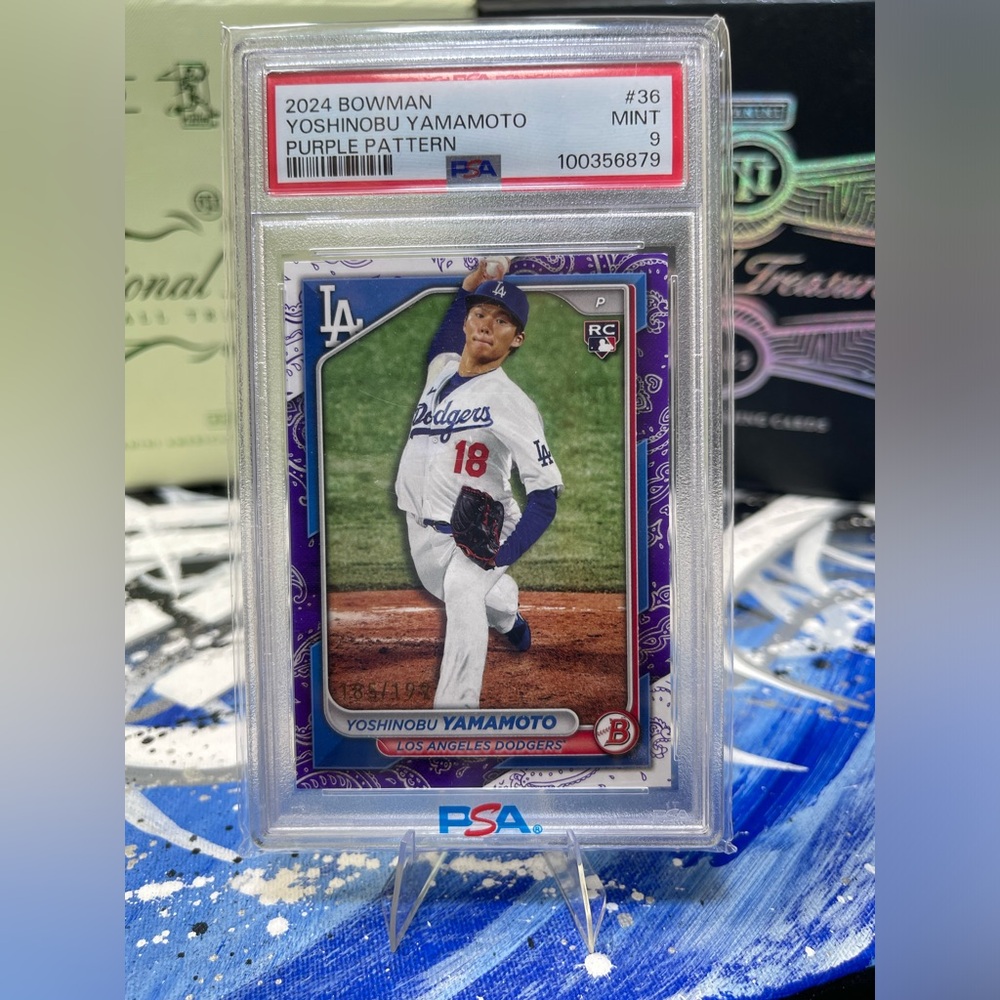 2024 BOWMAN PURPLE PATTERN #36 YOSHINOBU YAMAMOTO ROOKIE RC 185/199 PSA 9